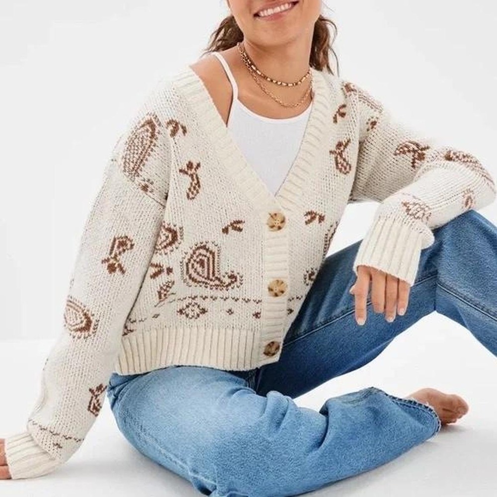 American Eagle Paisley Bandana Knit Cardigan Sweater Cream Brown Womens Medium